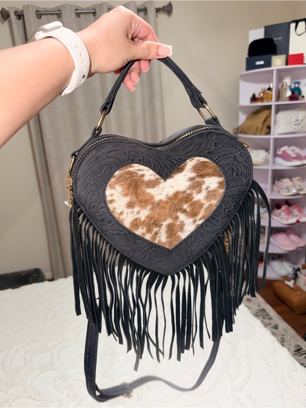 Handmade Black Heart Fringe Crossbody Bag with Cowhide Accent